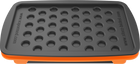 A set of accessories for filling dosing capsules, including a filling device, spatula, plunger, grinder, magazine with sealed capsules, and a scale. The grinder and magazine have orange accents.