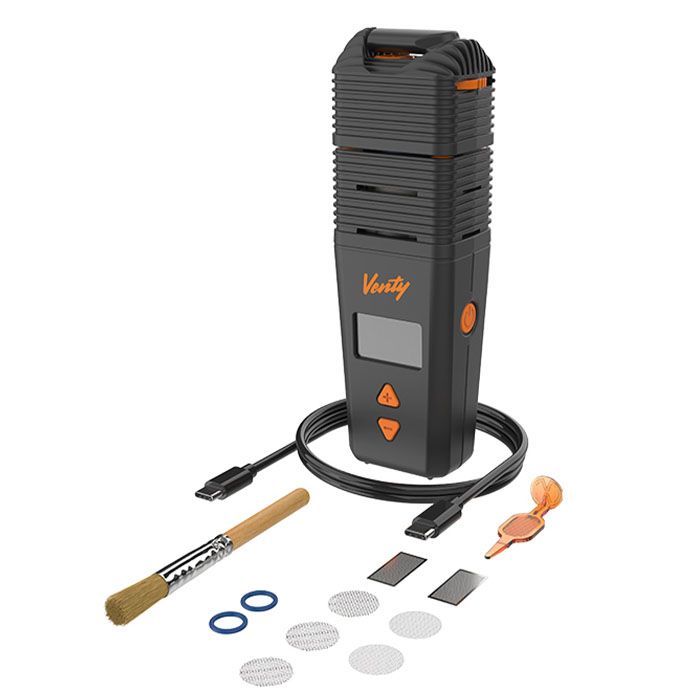 Venty vape with charging cord, filters, and cleaning accessories