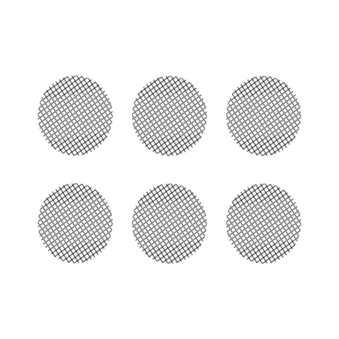 Set of six metallic screens with a coarse mesh pattern, likely made of stainless steel, arranged in two rows of three.