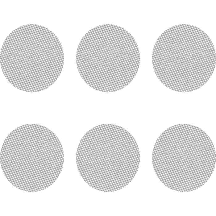 Six round, metal screens with a mesh pattern, likely used for filtration purposes.