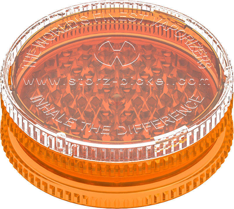 This is a grinder from Storz & Bickel made of orange plastic, pictured a side angle