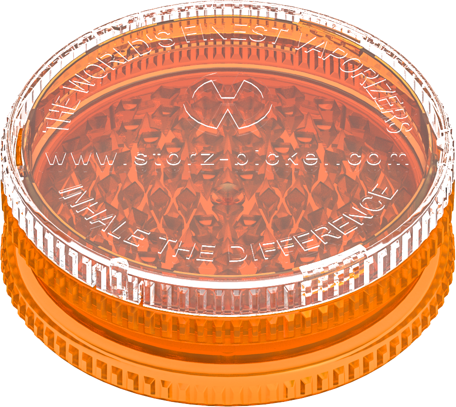 This is a grinder from Storz & Bickel made of orange plastic, pictured a side angle