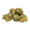 A close-up image of a cannabis bud showing green leaves with some purple and yellow hues.