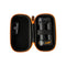 A black and orange Storz & Bickel Crafty travel case with a hard shell and a zipper open to show Crafty product in the case 