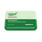 A pack of Tweed Quickies pre-rolled joints with the label indicating Kush Mints, 10 x 0.35 g pre-rolled joints, high THC hybrid.