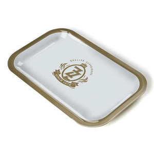 A small rectangular metal rolling tray with high edges, featuring a glossy white surface and the Zig Zag logo in gold at the center.