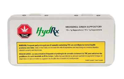 Packaging of Medisenol Green Suppository Extracts with THC and CBD, displaying product information and branding.