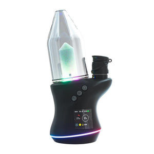 A smart rig with a black body and a clear atomizer, featuring multicolored LED lights at the base and an OLED screen in the center.