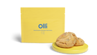 Packaging of Olli salted caramel chocolate chip cookies with two cookies displayed in front.