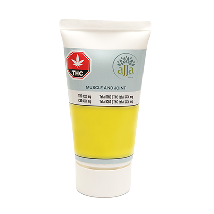 A tube of Ajja Muscle and Joint Cream with a label indicating it contains CBD and THC for muscle and joint support.