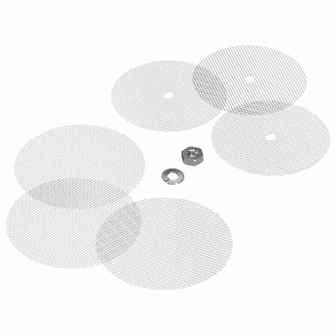 A set of six stainless steel screens with varying sizes, including three with holes and three without, along with a nut and washer, against a white background.
