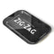 A small rectangular metal rolling tray with high edges, featuring a glossy black surface and the Zig Zag logo in white at the center.