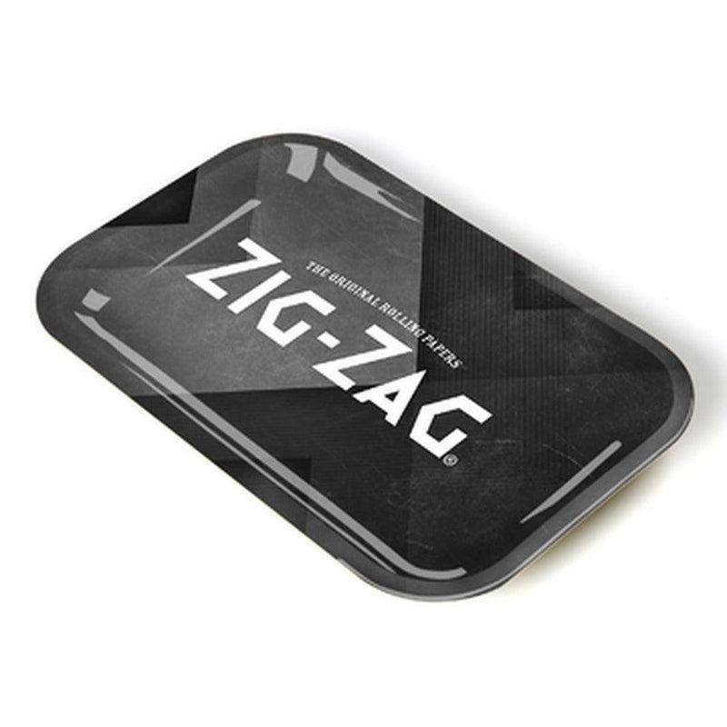 A small rectangular metal rolling tray with high edges, featuring a glossy black surface and the Zig Zag logo in white at the center.