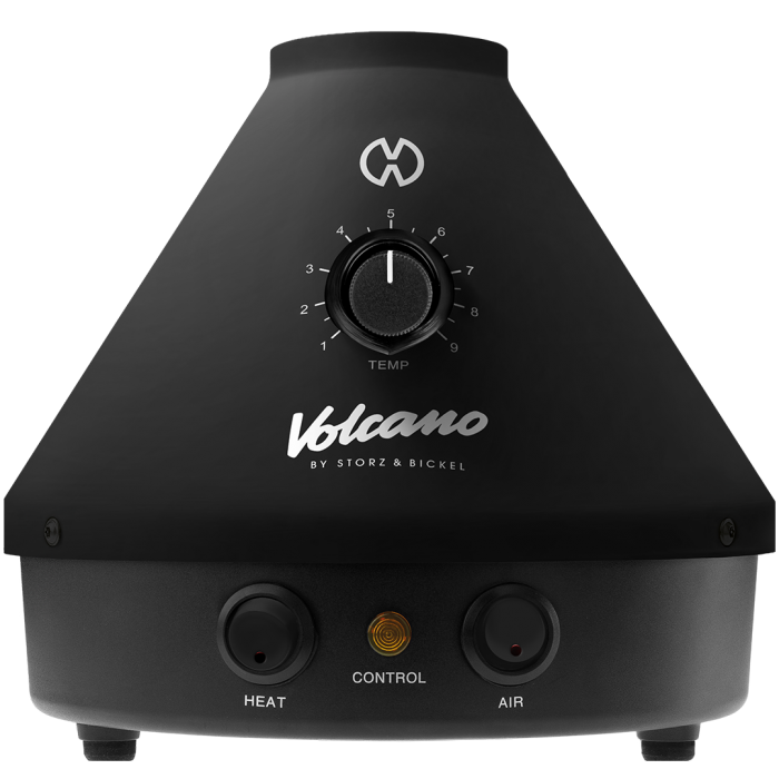 A black Volcano Classic vaporizer with a dial for temperature control and buttons for heat and air control.