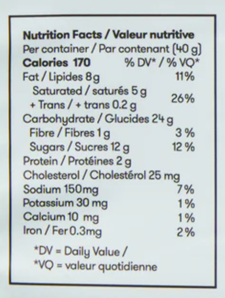 nutritional label of Packaging of Olli salted caramel chocolate chip cookies