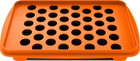 A set of accessories for filling dosing capsules, including a filling device, spatula, plunger, grinder, magazine with sealed capsules, and a scale. The grinder and magazine have orange accents.