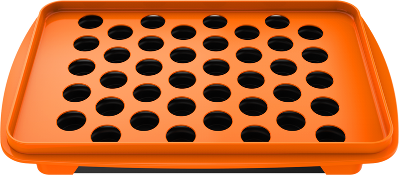 A set of accessories for filling dosing capsules, including a filling device, spatula, plunger, grinder, magazine with sealed capsules, and a scale. The grinder and magazine have orange accents.