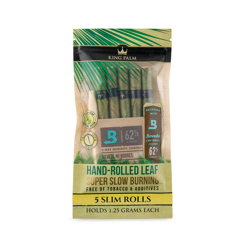 Packaging of King Palm Pre-Rolled Cones featuring the product name, quantity, and additional details, with a green and brown color scheme.