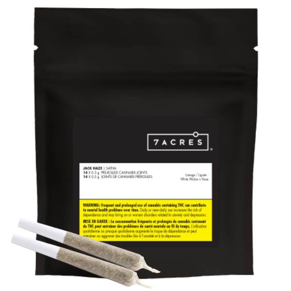 Packaging of 7ACRES Jack Haze Pre-Roll with two pre-rolled joints displayed in front.