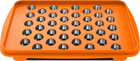 A set of accessories for filling dosing capsules, including a filling device, spatula, plunger, grinder, magazine with sealed capsules, and a scale. The grinder and magazine have orange accents.