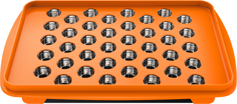 A set of accessories for filling dosing capsules, including a filling device, spatula, plunger, grinder, magazine with sealed capsules, and a scale. The grinder and magazine have orange accents.
