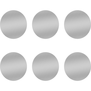 Set of six round fine screens, likely made of metal, arranged in two rows with three screens each, against a black background.