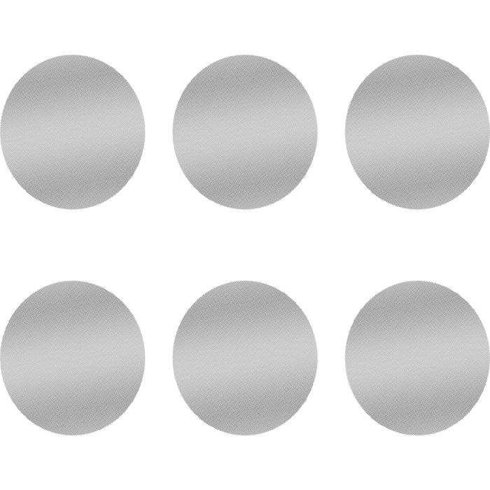Set of six round fine screens, likely made of metal, arranged in two rows with three screens each, against a black background.