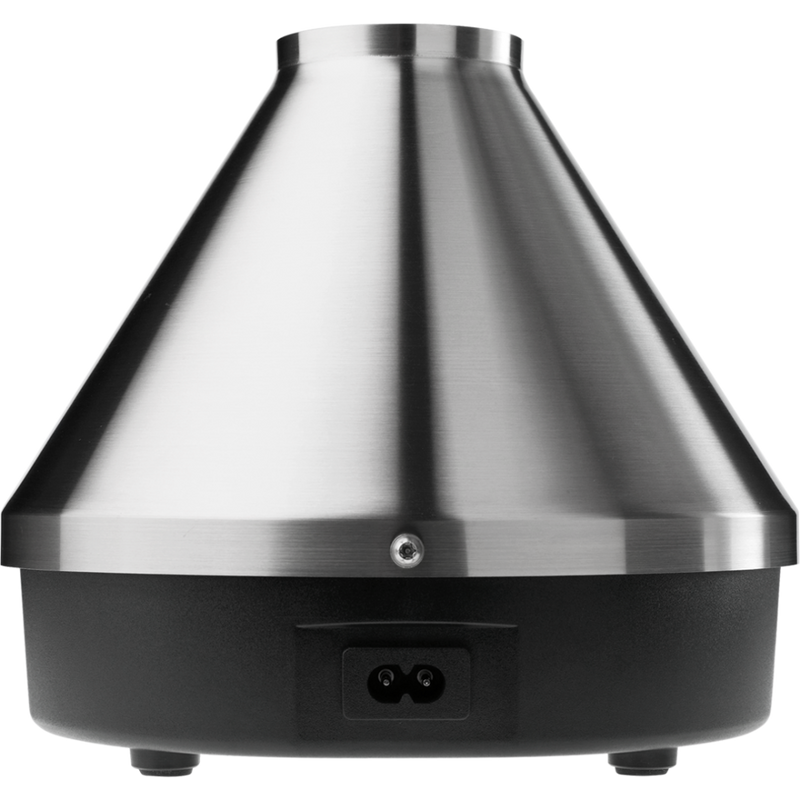 The image shows the Volcano Medic 2 hot air generator, which is a triangular-shaped device with a digital display, touch buttons, and ports for connecting accessories such as balloons and tubes.