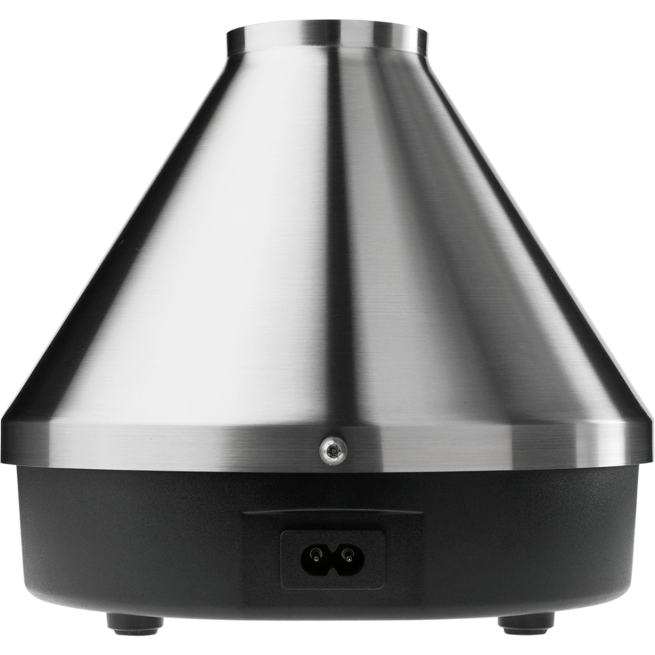 The image shows the Volcano Medic 2 hot air generator, which is a triangular-shaped device with a digital display, touch buttons, and ports for connecting accessories such as balloons and tubes.