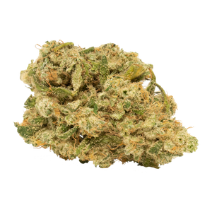 A close-up image of a cannabis bud showing green leaves with some purple and yellow hues.