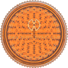 This is a grinder from Storz & Bickel made of orange plastic, pictured from the top down, as if looking directly at the top of the grinder.