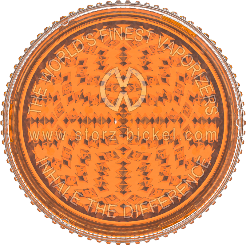 This is a grinder from Storz & Bickel made of orange plastic, pictured from the top down, as if looking directly at the top of the grinder.