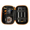 A black and orange Storz & Bickel Mighty Travel Case for carrying smoking devices and accessories showing how your devices can be stores