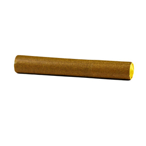 A cylindrical object resembling a cannagar pre-roll with a brown outer color and a yellow tip.