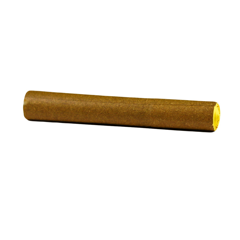 A cylindrical object resembling a cannagar pre-roll with a brown outer color and a yellow tip.
