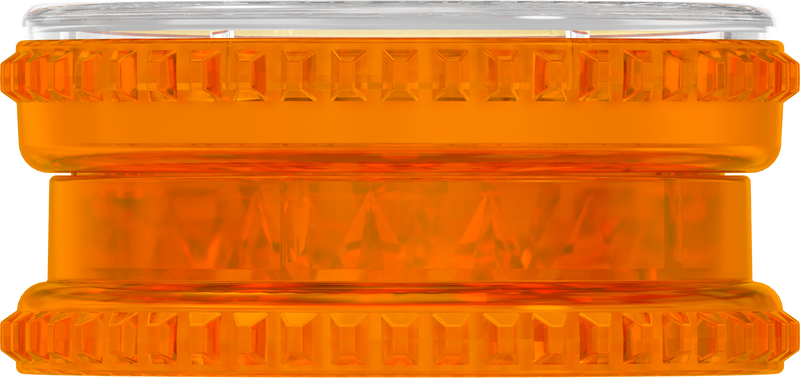 This is a grinder from Storz & Bickel made of orange plastic, pictured from the side