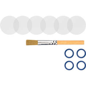A set of white cap rings, a cleaning brush with a beige handle and blue bristles, and blue screen sets.