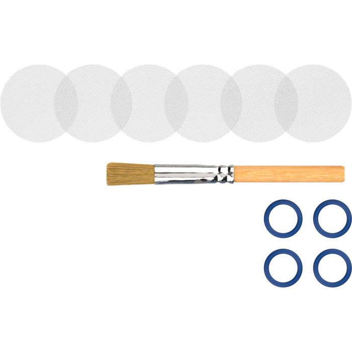 A set of white cap rings, a cleaning brush with a beige handle and blue bristles, and blue screen sets.