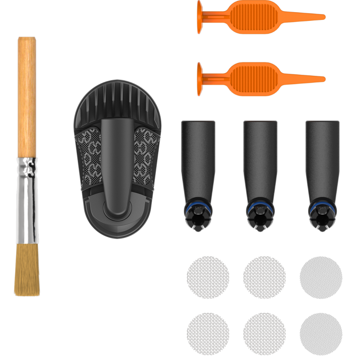 An image showing the Storz & Bickel Crafty+ Wear and Tear Set with various spare parts including mouthpieces, cooling unit, screen set, filling chamber tools, and cleaning brush.