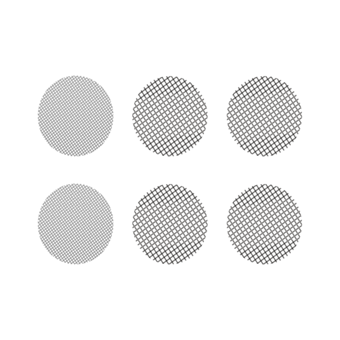 A set of six circular screens, likely made of metal, arranged in two rows with the upper row featuring larger screens and the lower row featuring smaller screens.