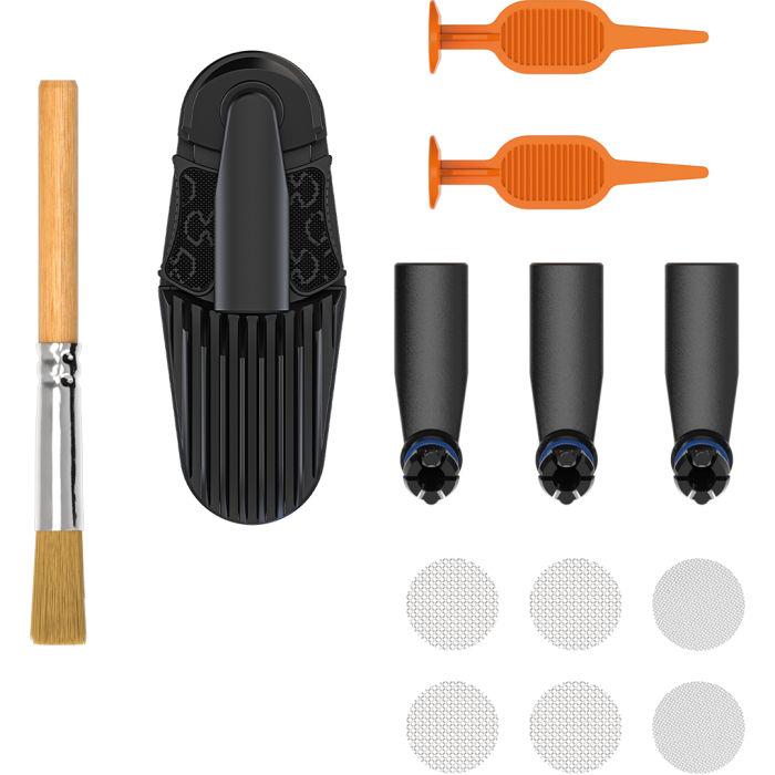 An image showing the Storz & Bickel Mighty Wear and Tear Set with various spare parts including mouthpieces, a cooling unit, screen set, filling chamber tools, and a cleaning brush.