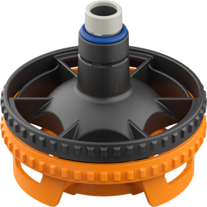 An image of a Storz & Bickel Filling Chamber, primarily black and orange in color, used for vaporizing ground plant material.