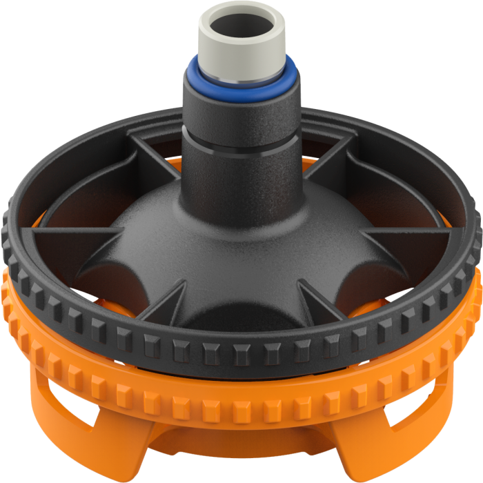 An image of a Storz & Bickel Filling Chamber, primarily black and orange in color, used for vaporizing ground plant material.
