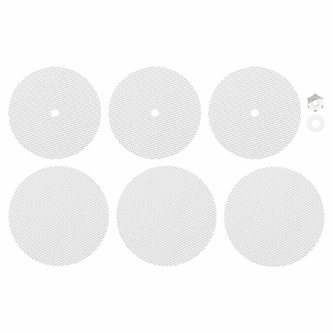 A set of six stainless steel screens with varying sizes, including three with holes and three without, along with a nut and washer, against a white background.
